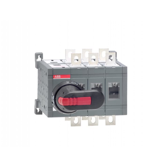 OT200E03CP Przełącznik (I-0-II) 200A, 3P, napęd z przodu, z wałkiem i czarną rączką IP65, montaż na płycie montażowej, zestaw ś