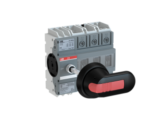 OT160G03P Rozłącznik izolacyjny 160A, 3P, napęd z przodu, z wałkiem i czarną rączką IP65, osłona zacisków kablowych IP20, monta,