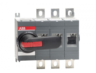 OT315E03P Rozłącznik izolacyjny 315A, 3P, napęd z przodu, z wałkiem i czarną rączką IP65, montaż na płycie montażowej, zestaw ś,