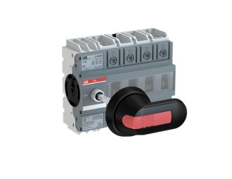 OT160G04P rozłącznik izolacyjny 160A, 3P, napęd z przodu, z wałkiem i czarną rączką IP65, osłona zacisków kablowych IP20, monta,