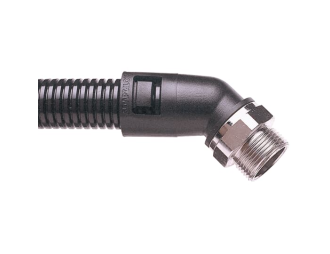 Złącze kątowe 45° Typ 45 gwint stały męski M25 do rury osłonowej 28 mm, kolor Czarny, ilość w opakowaniu 10szt.,