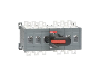 OT250E33CP Przełącznik (I-0-II) 250A, 6P, napęd z przodu, z wałkiem i czarną rączką IP65, montaż na płycie montażowej, zestaw ś,