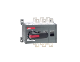 OT400E03CP Przełącznik (I-0-II) 400A, 3P, napęd z przodu, z wałkiem i czarną rączką IP65, montaż na płycie montażowej, zestaw ś,