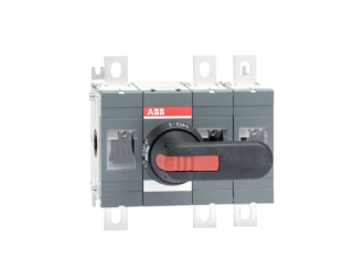 OT400E12P Rozłącznik izolacyjny 400A, 3P, napęd z przodu, z wałkiem i czarną rączką IP65, montaż na płycie montażowej, zestaw ś,